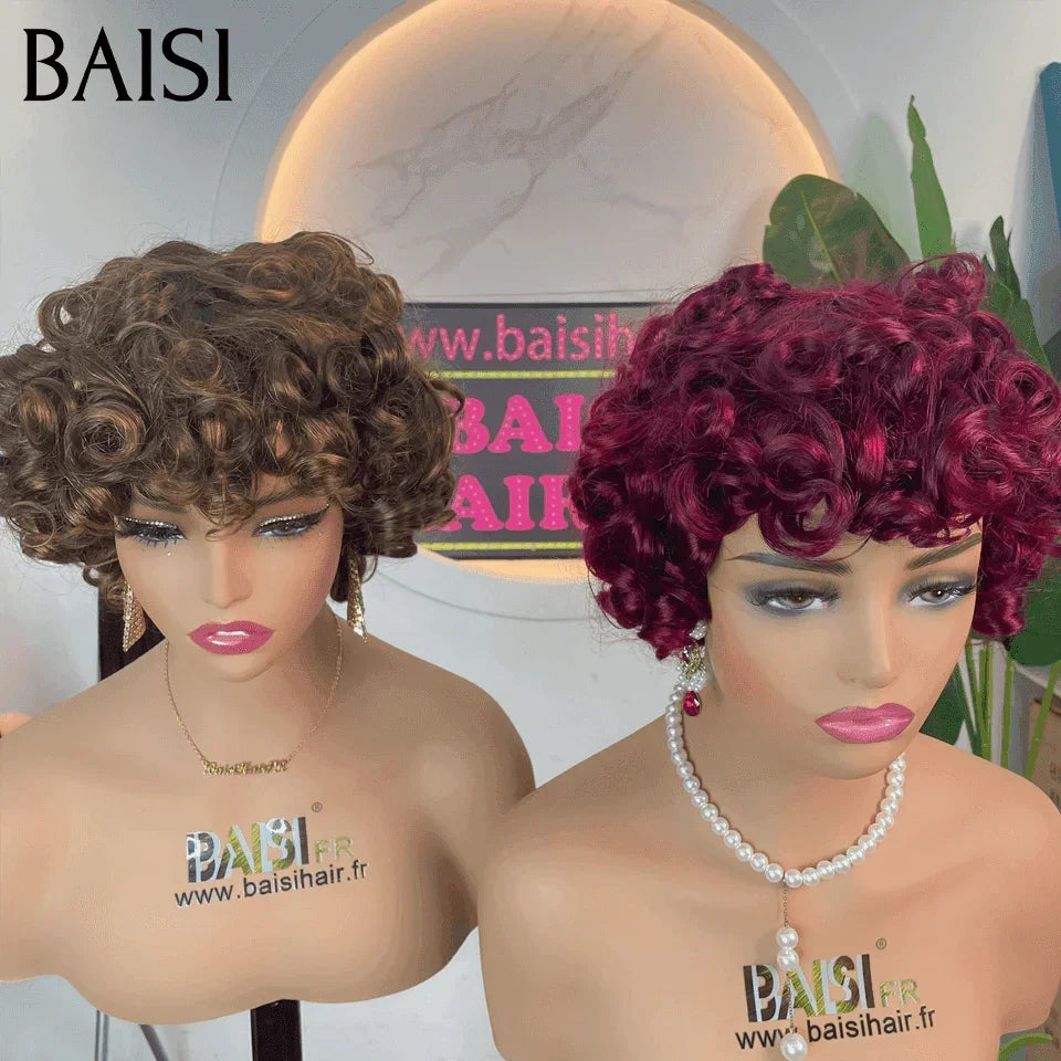 Parrucca BAISI senza colla senza pizzo riccia a uovo marrone e bordeaux in capelli umani al 100% FR20