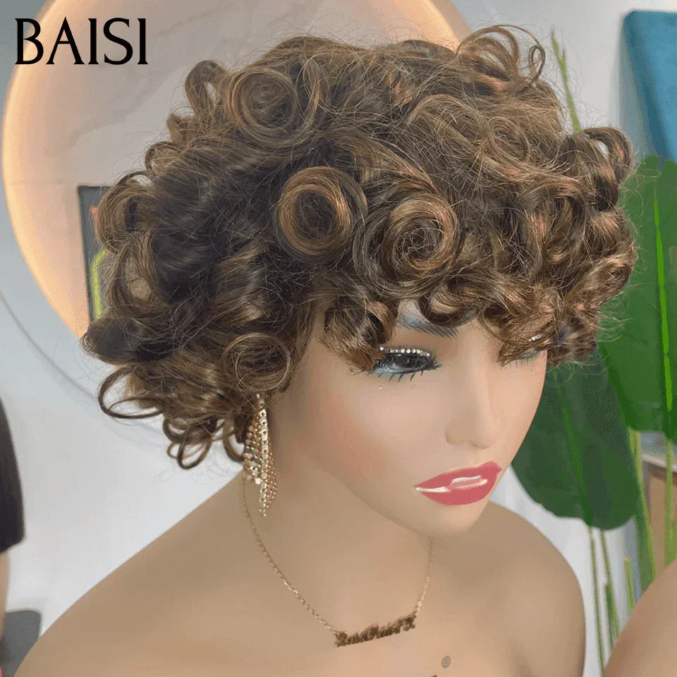 Parrucca BAISI senza colla senza pizzo riccia a uovo marrone e bordeaux in capelli umani al 100% FR20