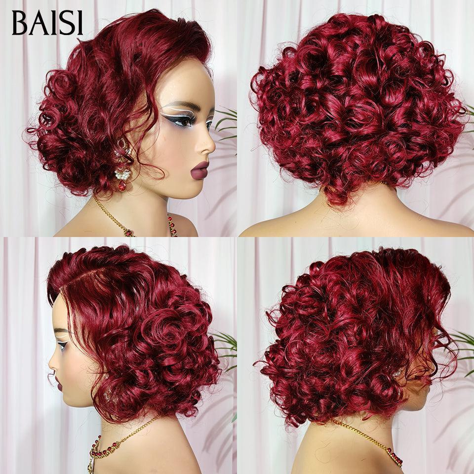 BAISI Perruque 13X4 lace frontal Bob Egg Curls Raie sur le côté borduex 99J# 66€ en 100% Cheveux Humains FR20