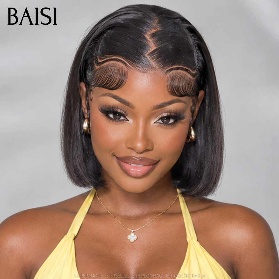 BAISI  13x4 Lace Frontale 10 Pouce lisse Noir 85€ sans colle prêt-à-porter Perruques avec coiffure tressée natte Vidéo 100% Réelle en 100% cheveux humains