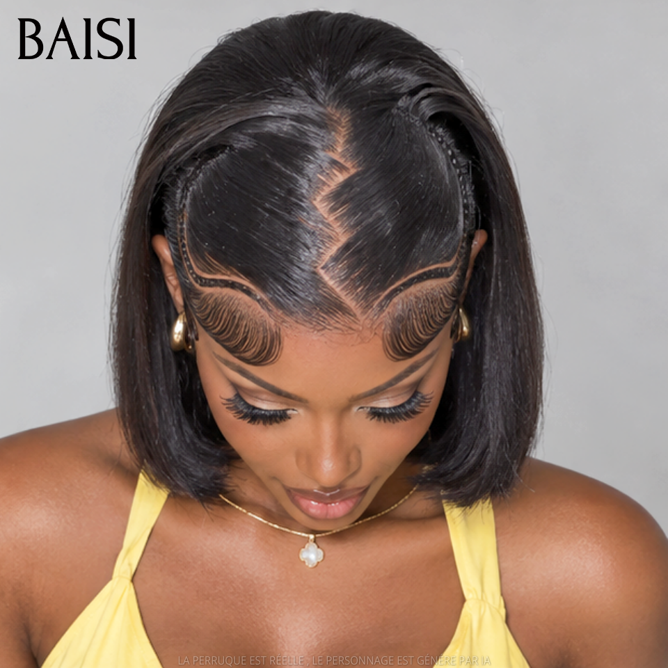 BAISI  13x4 Lace Frontale 10 Pouce lisse Noir 85€ sans colle prêt-à-porter Perruques avec coiffure tressée natte Vidéo 100% Réelle en 100% cheveux humains