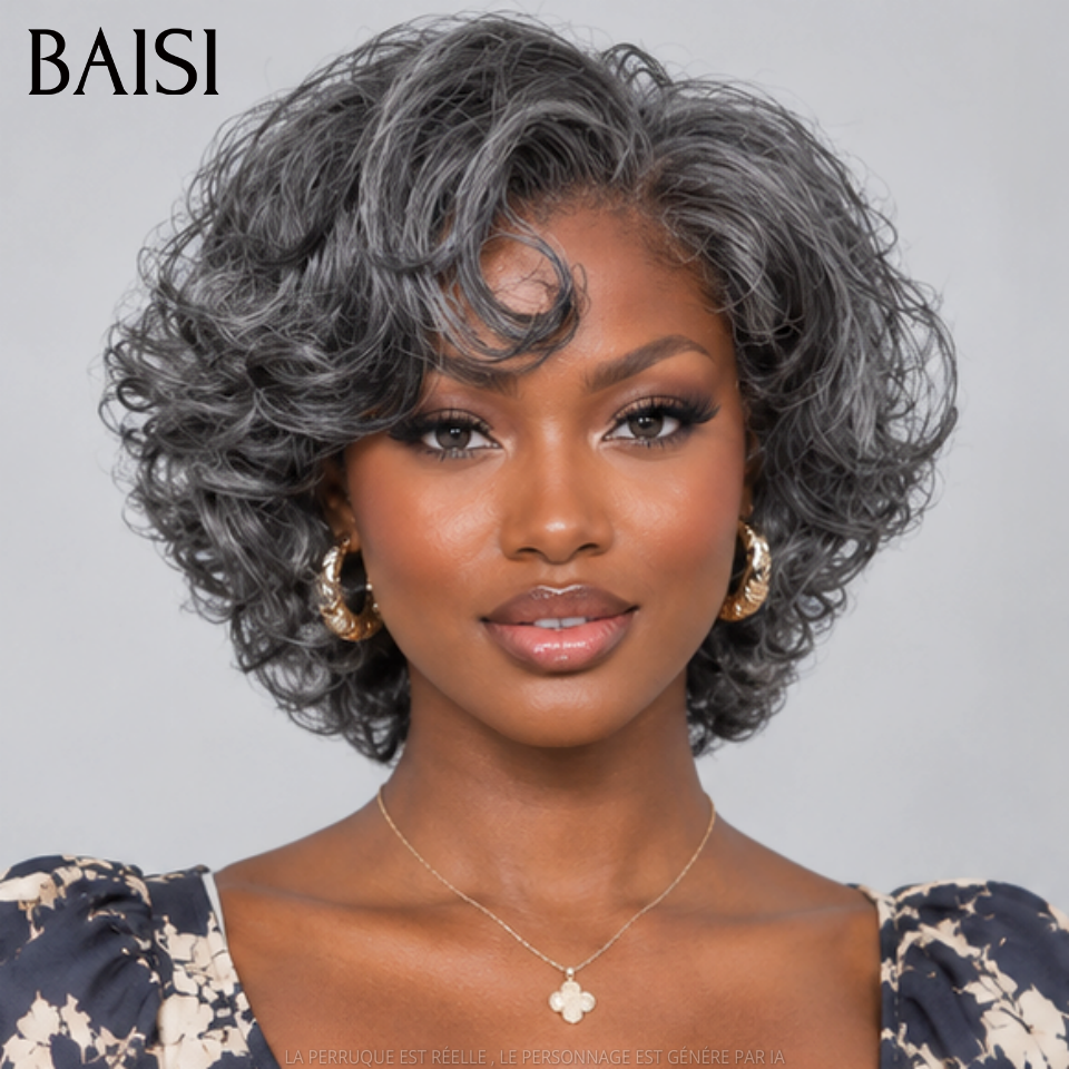 BAISI Collection Perruques Poivre et Sel Bouclée Gris sophistiqué élégance mature et naturelle style parisien intemporel Lace déjà couper Facile à Porter