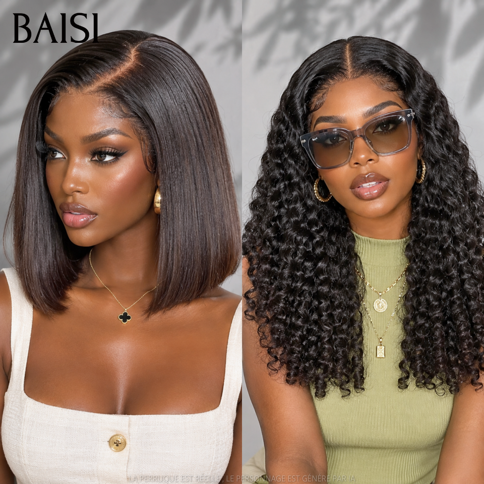 BAISI Achetez 1 + 1 Gratuite 179€ 13x4 Lace frontal curly wave 22 Pouces et 4x4 Lace Lisse BOB 10 Pouces 1BT4# en 100% Cheveux Humains