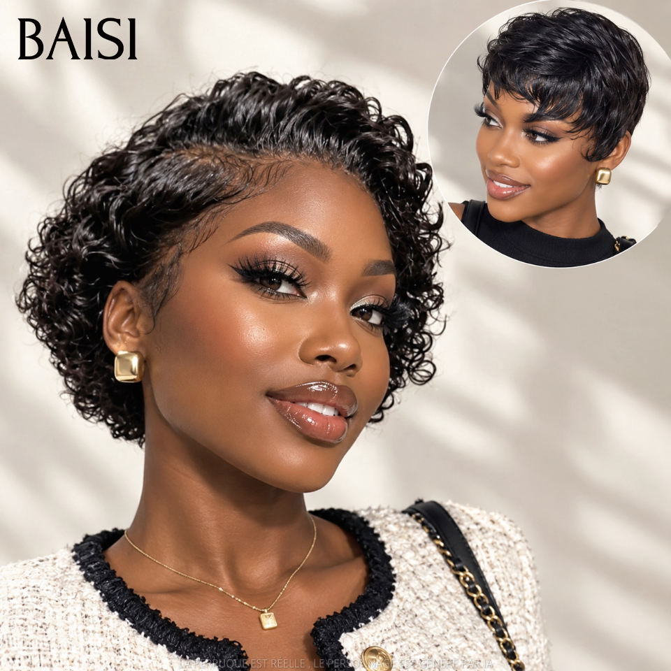 BAISI  Achetez 1 + 1 Gratuite 69€ 13x4 lace frontal pixie curly wave NOIR et sans Colle pixie Lisse en 100% Cheveux Humains