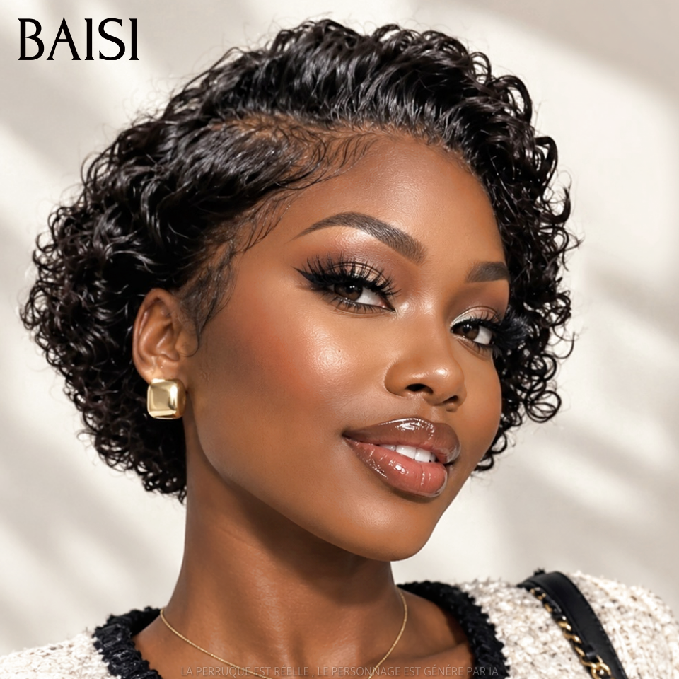 BAISI  Achetez 1 + 1 Gratuite 69€ 13x4 lace frontal pixie curly wave NOIR et sans Colle pixie Lisse en 100% Cheveux Humains