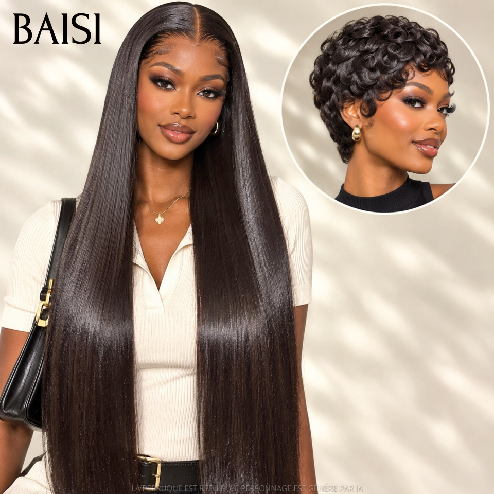 BAISI Compre 1 + 1 Grátis 149€ lace frontal lisa 13x4 24 polegadas e peruca pixie chioma finger wave em 100% cabelo humano verdadeiro