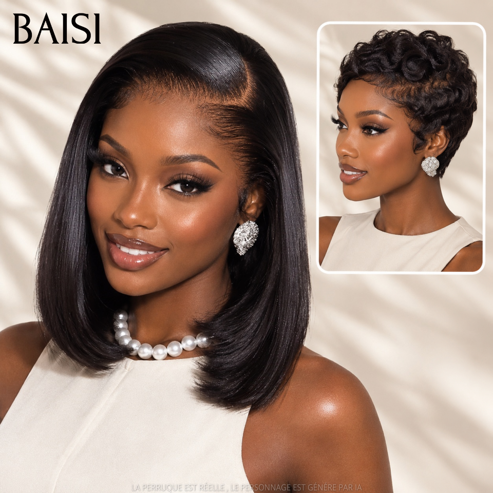 BAISI HAIR FR Achetez 1 +1 Gratuite = 99€ bob 13x4 lace lisse 10 pouces et pixie sans colle finger wave noir En 100% Cheveux Humains