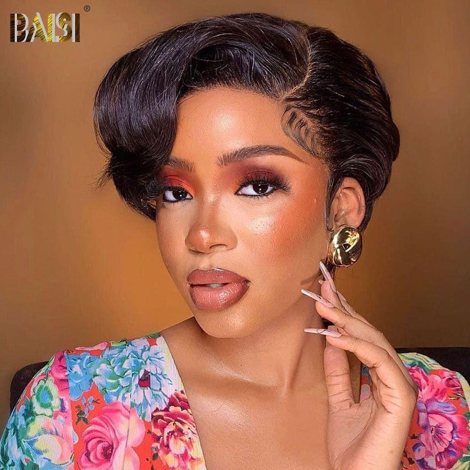 BAISI Perruque Pixie 79.99€ 13x4 Lace Frontale En Couleur noir en 100% Cheveux Humains