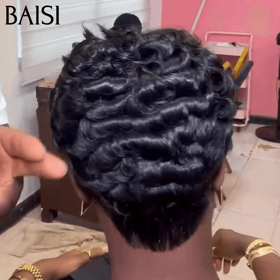 BAISI  13x4 Lace Frontale Perruque Pixie finger wave  89€ En 100% Cheveux Humains FR38