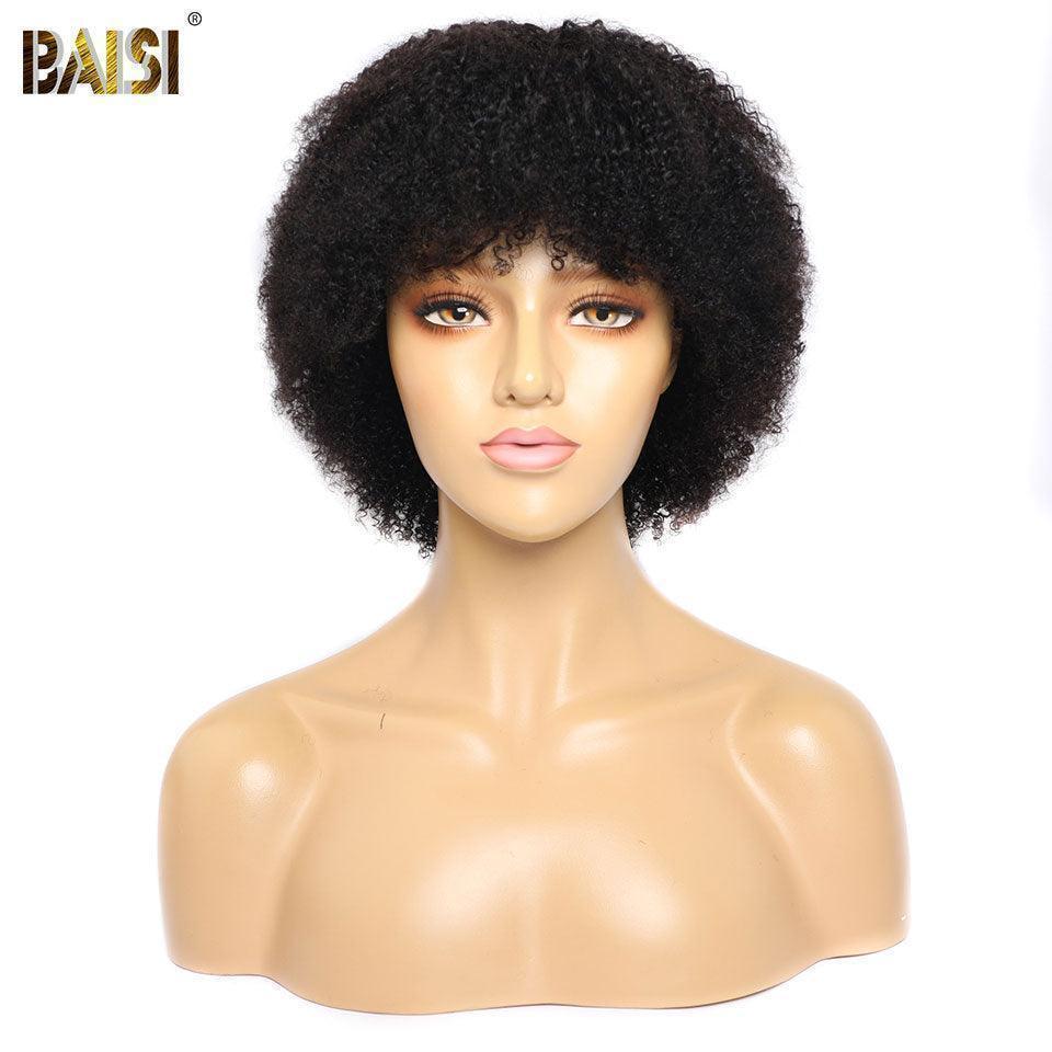 BAISI Achetez 2 perruques minimum au prix d'usine fournisseur perruque pixie finger wave ou Lisse 99J# ou bouclé curly sans colle sans lace ou afro curl avec frange en noir 10 Pouces en 100% vrais cheveux humains