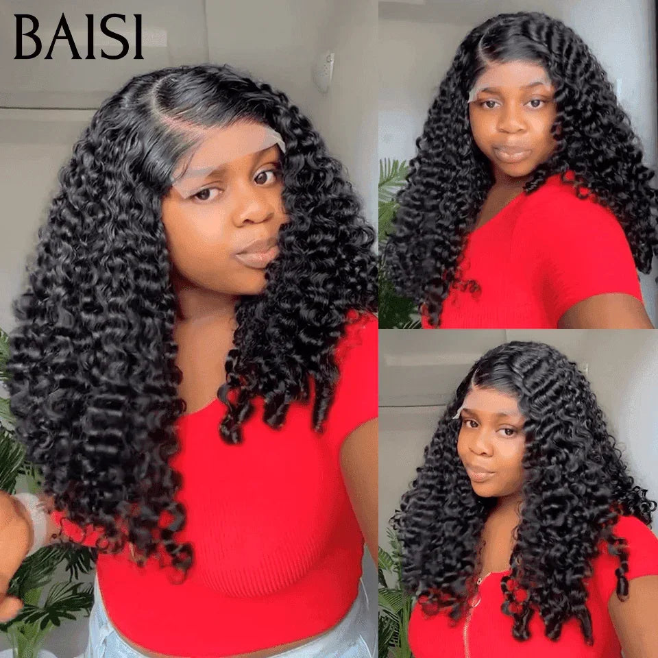 BAISI 4X4 Perruques de Luxe Volume 250% densité noir Curly Wave double drawn mèches vièges  en 100% Cheveux Humains