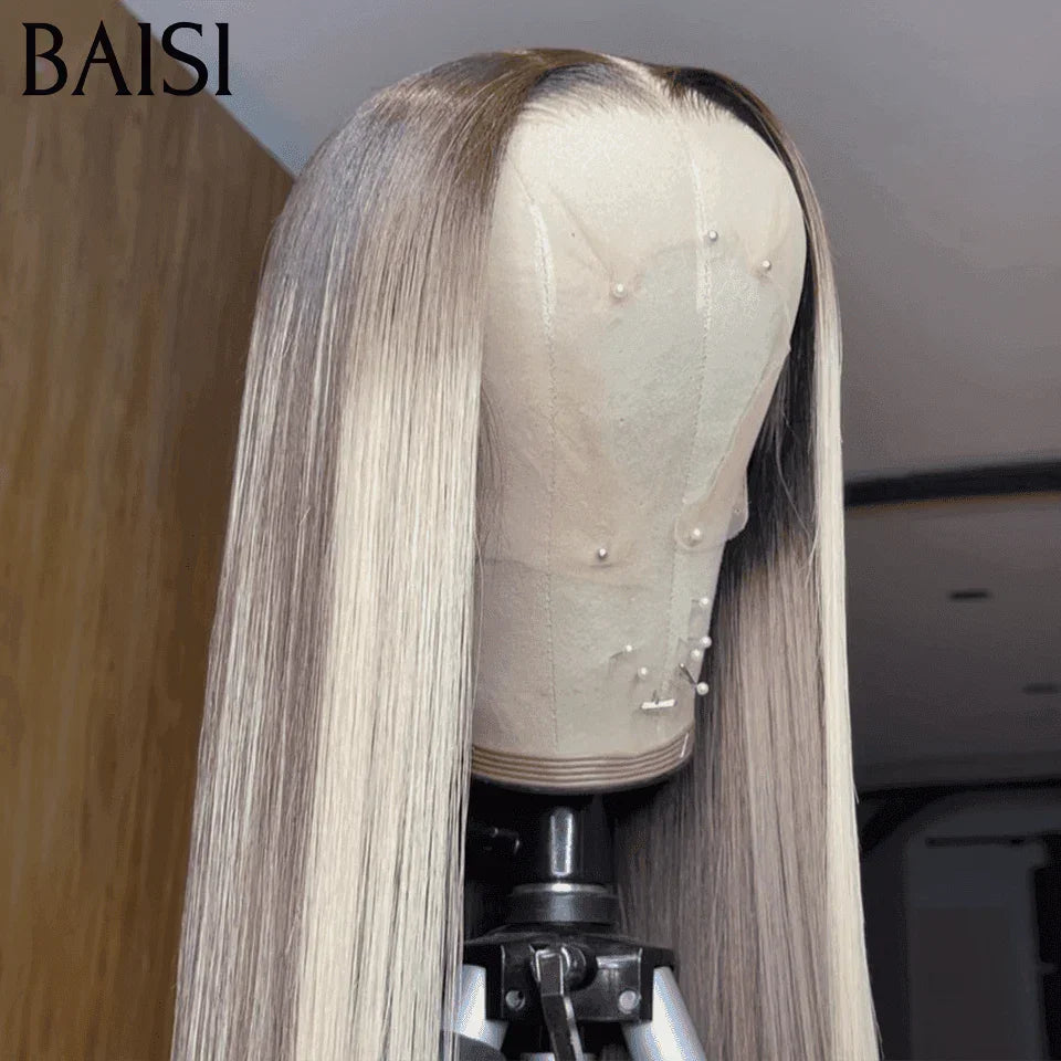 BAISI Collection Poivre et Sel 13x4 Perruque En couleur personnalisées Grise mixte 70#  Lisse Sans Colle Lace déjà couper Facile à Porter en 100% Cheveux Humains B