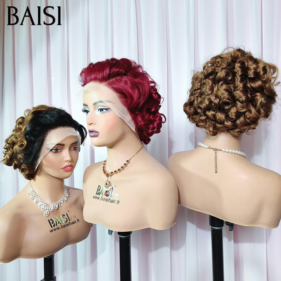 Parrucca BAISI 13X4 Pixie Egg Curls con riga laterale 3 colori borduex 99J# o marrone 1B4# o misti in capelli umani al 100% VIP100