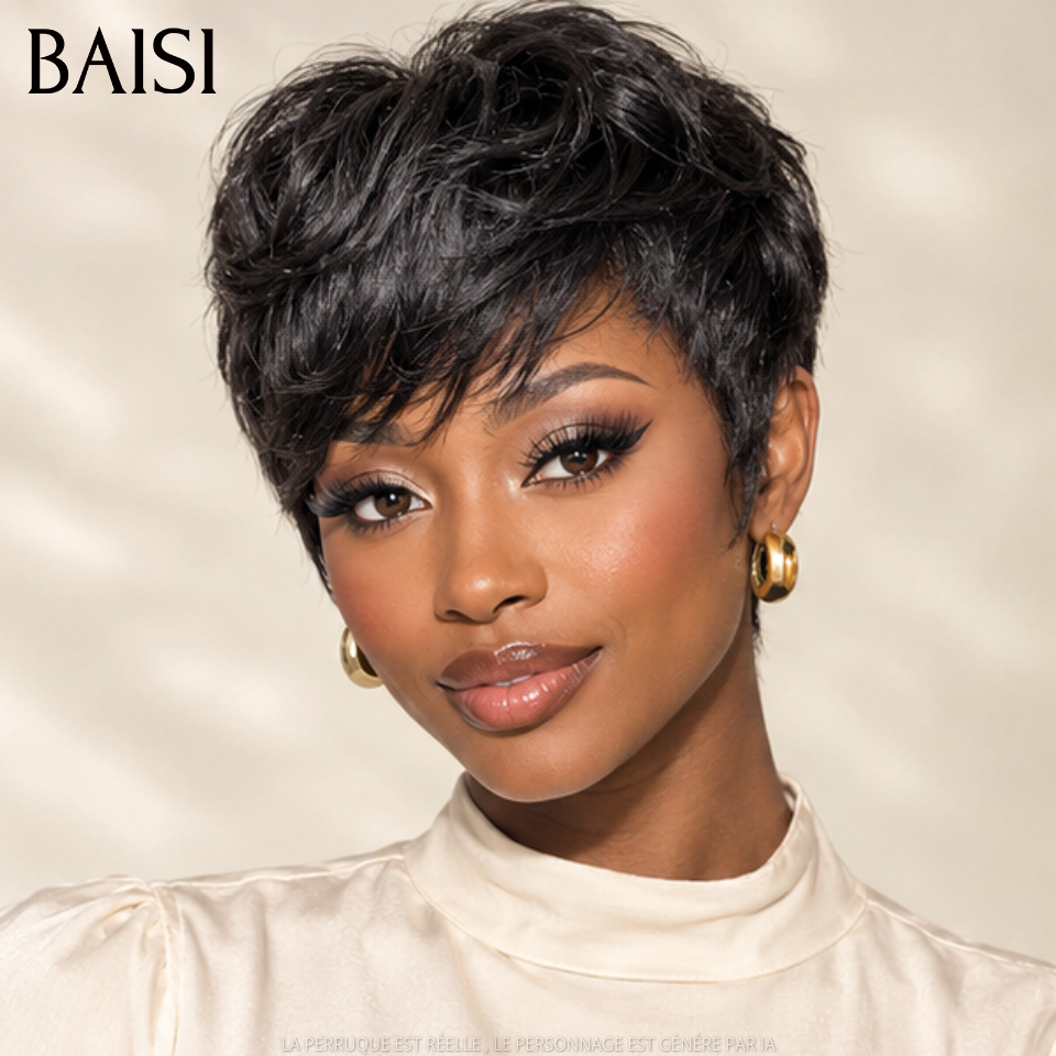 BAISI Perruques sans Colle pixie NOIR 48€ en France TVA 0€ Livraison gratuite 2-3 jours 100% Cheveux Humains