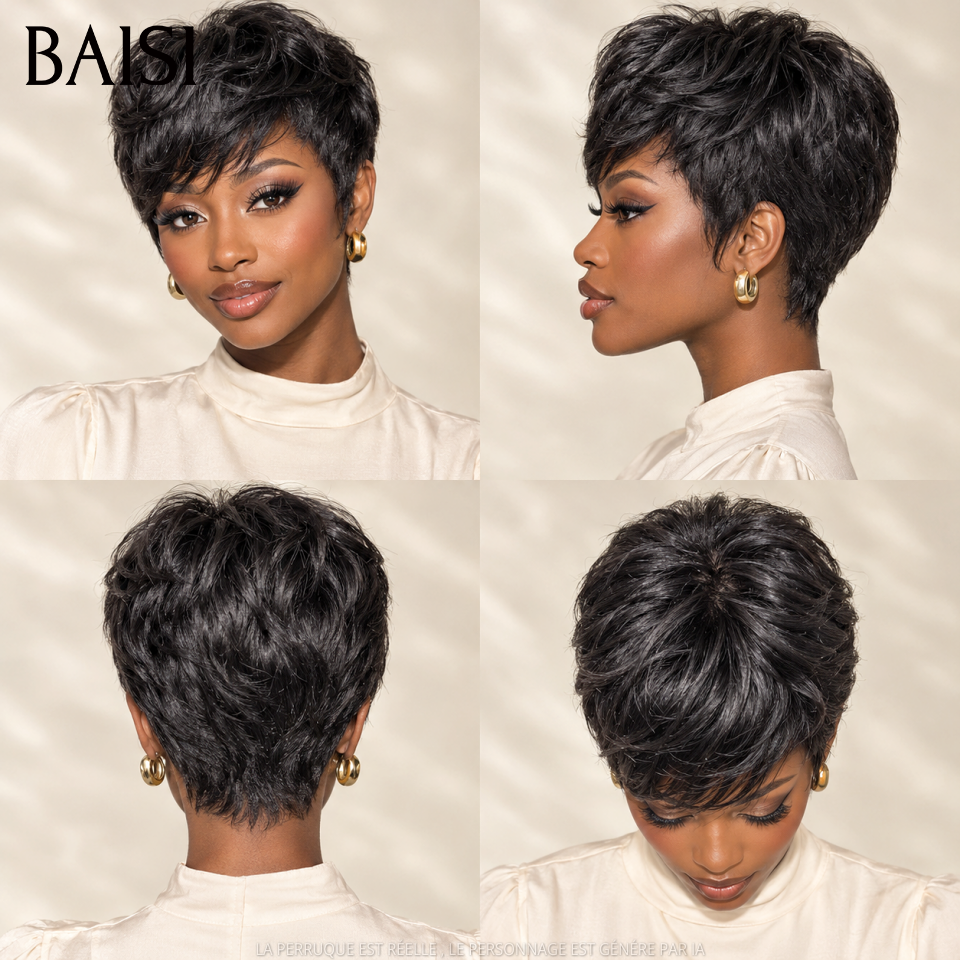 BAISI Perruques sans Colle pixie NOIR 48€ en France TVA 0€ Livraison gratuite 2-3 jours 100% Cheveux Humains