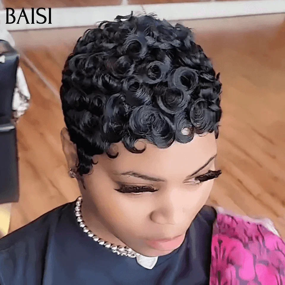BAISI Flash Offer Today 38€ VAT 0€ Pixie finger wave wigs small cut machine made