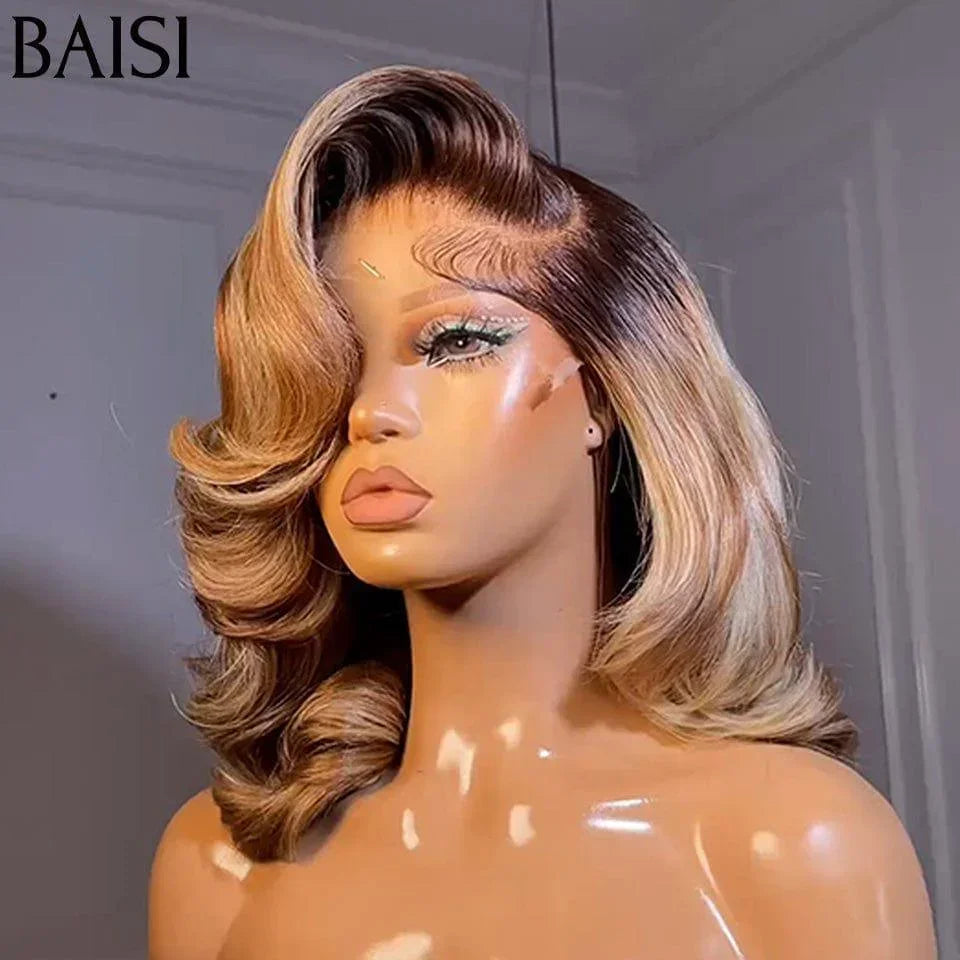 BAISI  13x4 Frontal Perruque bob 12 Pouces BOUCLES en couleur personnalisées 1B/MIXTE 250% densité plus de 20 ans d' utilisations  en 100% Raw Hair