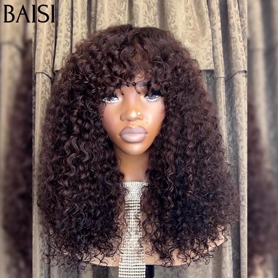 BAISI  Perruque Lisse avec Frange 30# miel ou Bouclée curly Wave avec Frange 18 Pouces 300% densité en Couleur  marron  en 100% Cheveux Humains FR20