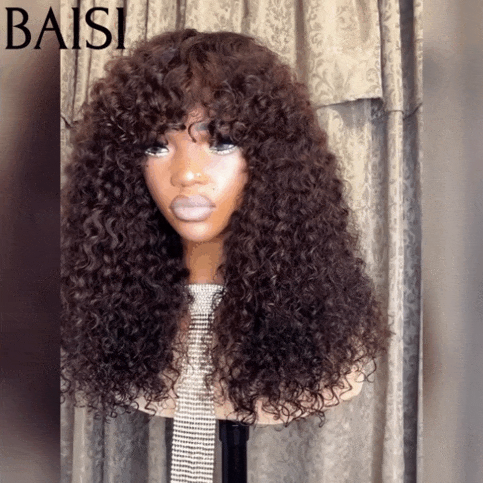 BAISI  Perruque Lisse avec Frange 30# miel ou Bouclée curly Wave avec Frange 18 Pouces 300% densité en Couleur  marron  en 100% Cheveux Humains FR20
