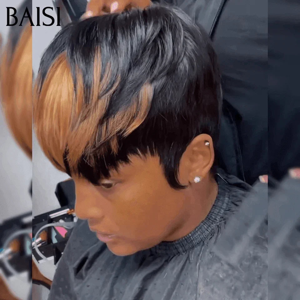BAISI  Perruque Pixie 47€ Lisse NOIR ou Mixte sans Colle sans lace Couleurs personnalisées en 100% Cheveux Humains