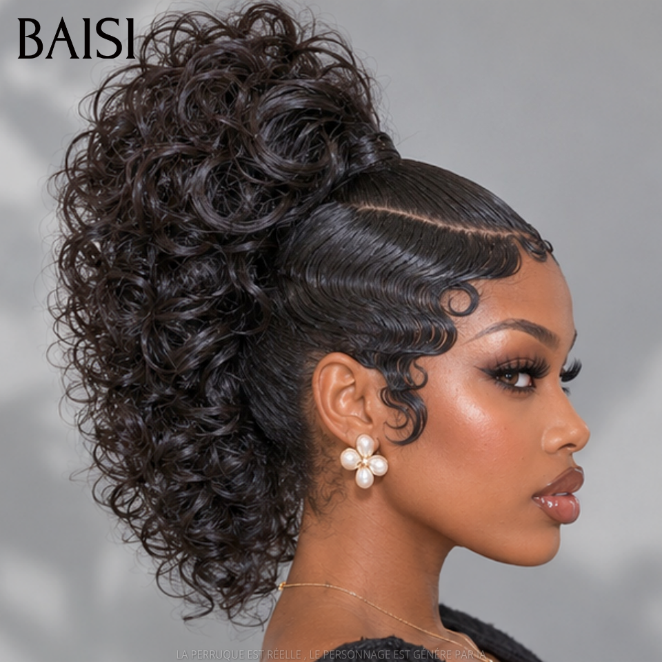 BAISI 13x6 Lace Perruque Déjà Coiffée Boucle Avec Wave Chignon Haute Couleur Noir 1B#  198€ Look Hautâin Confiance En Soit  en 100% Cheveux humains