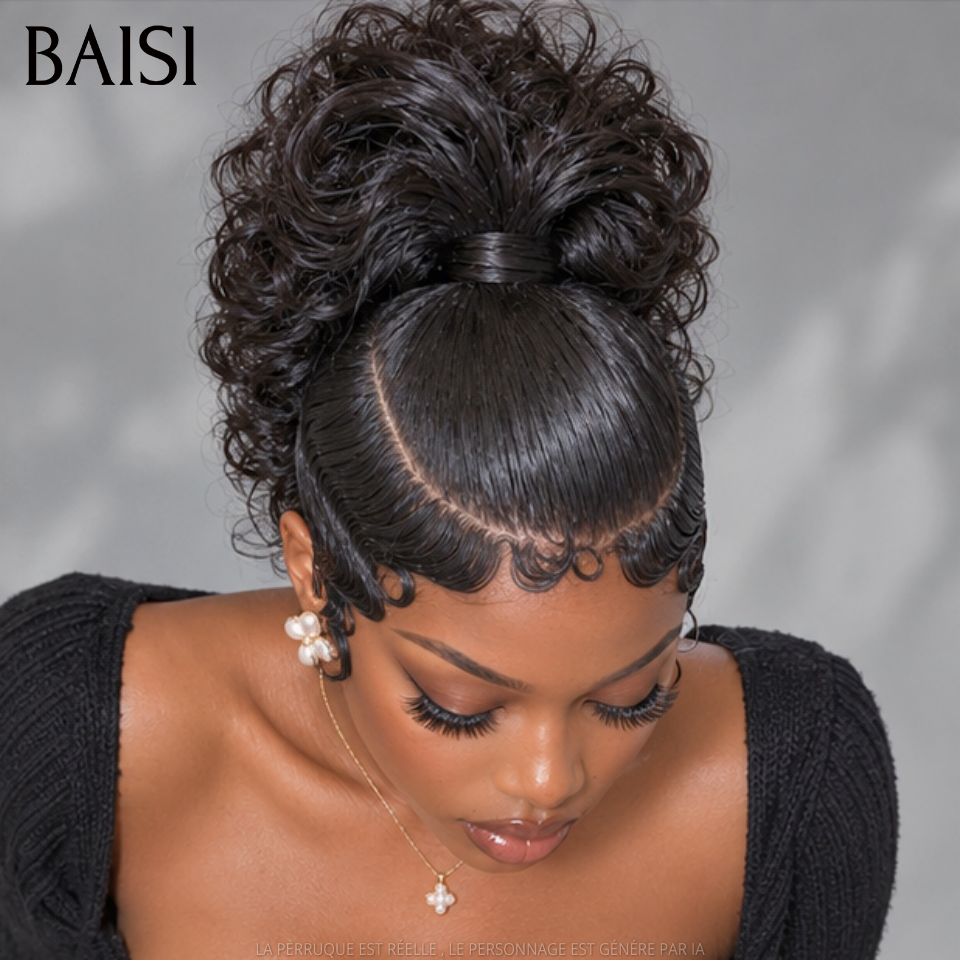 BAISI 13x6 Lace Perruque Déjà Coiffée Boucle Avec Wave Chignon Haute Couleur Noir 1B#  198€ Look Hautâin Confiance En Soit  en 100% Cheveux humains