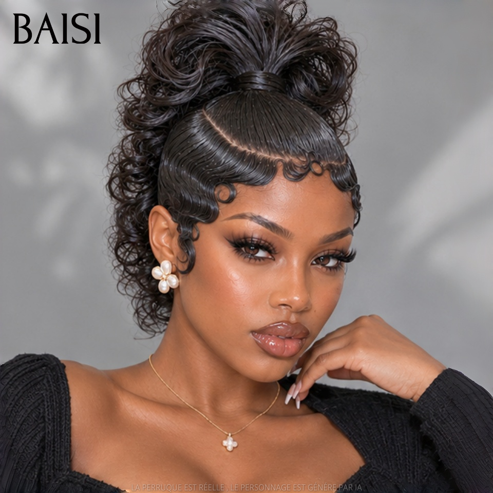 BAISI 13x6 Lace Perruque Déjà Coiffée Boucle Avec Wave Chignon Haute Couleur Noir 1B#  198€ Look Hautâin Confiance En Soit  en 100% Cheveux humains