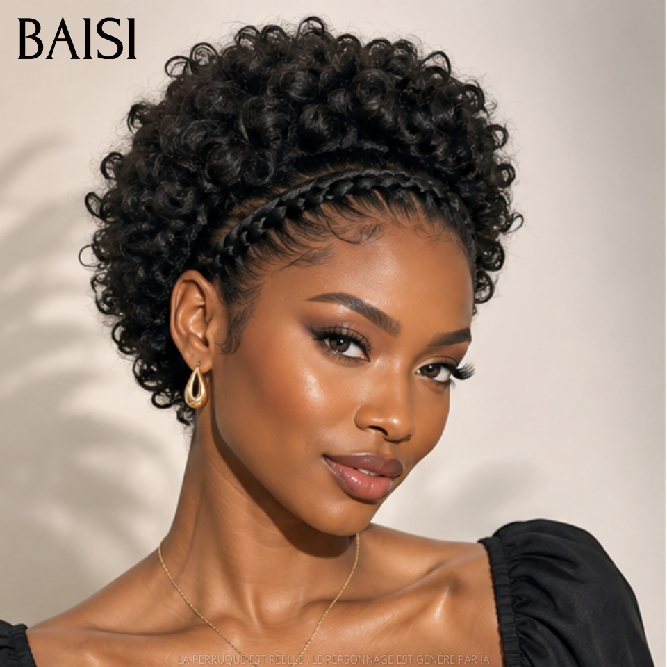 BAISI Arrivage Promo 64€ Facile à porter 13x4 lace frontal curly wave pixie avec coiffure tressée natte en 100% Cheveux Humains