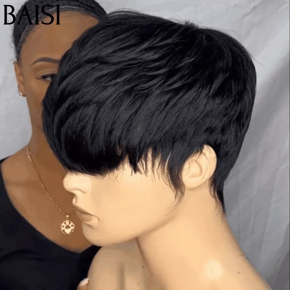 BAISI  Perruque 48€ TVA 0€ pixie en France sans Colle sans lace  en 100% Cheveux Humains
