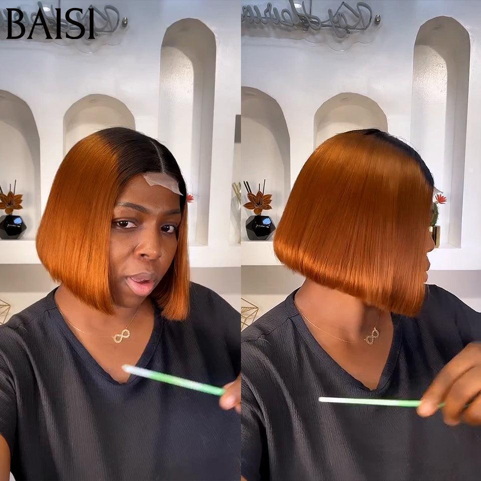 BAISI 2X6  Perruques de Luxe Haute Qualité Viêtnam Hair  Lisse BOB en Couleur  orange avec racine noir 1BT350# en 100% Cheveux Humains