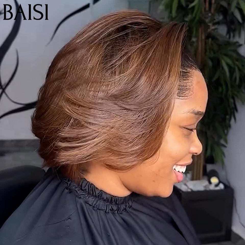 BAISI 13X4 Straight Bob Wig 10 Inches In Brown #1B4 Pre-Plucked No Glue Needed in 100% Raw Hair Lace Already Cut FR38