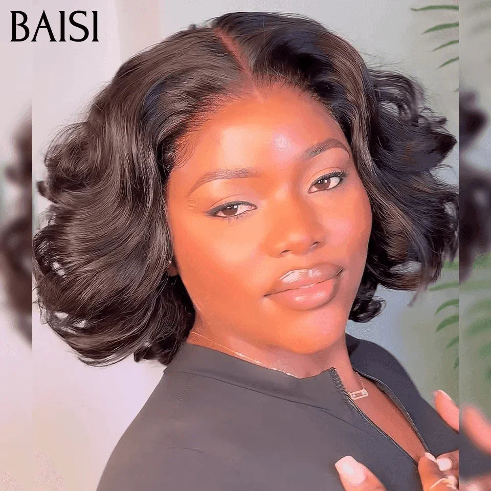 Peruca BAISI 13X4 Pixie Egg Curls 1B # € 78 250% de alta densidade personalizada em cabelo 100% humano F-026 BS65
