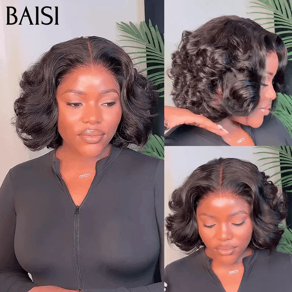 Peruca BAISI 13X4 Pixie Egg Curls 1B # € 78 250% de alta densidade personalizada em cabelo 100% humano F-026 BS65