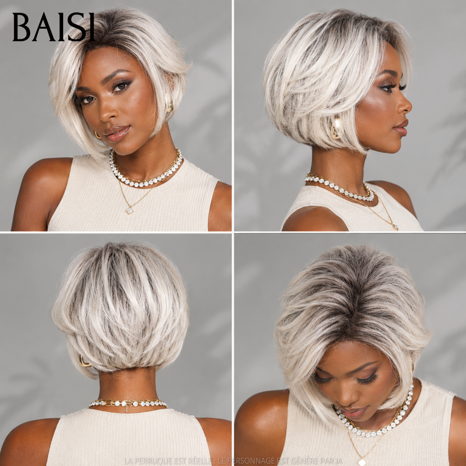 BAISI 13x4 Lace Sans Colle Perruque Pixie Lisse 10Pouces 109€ Couleur Lait au Beurre Avec Racine Noir Très Original en 100% cheveux humains