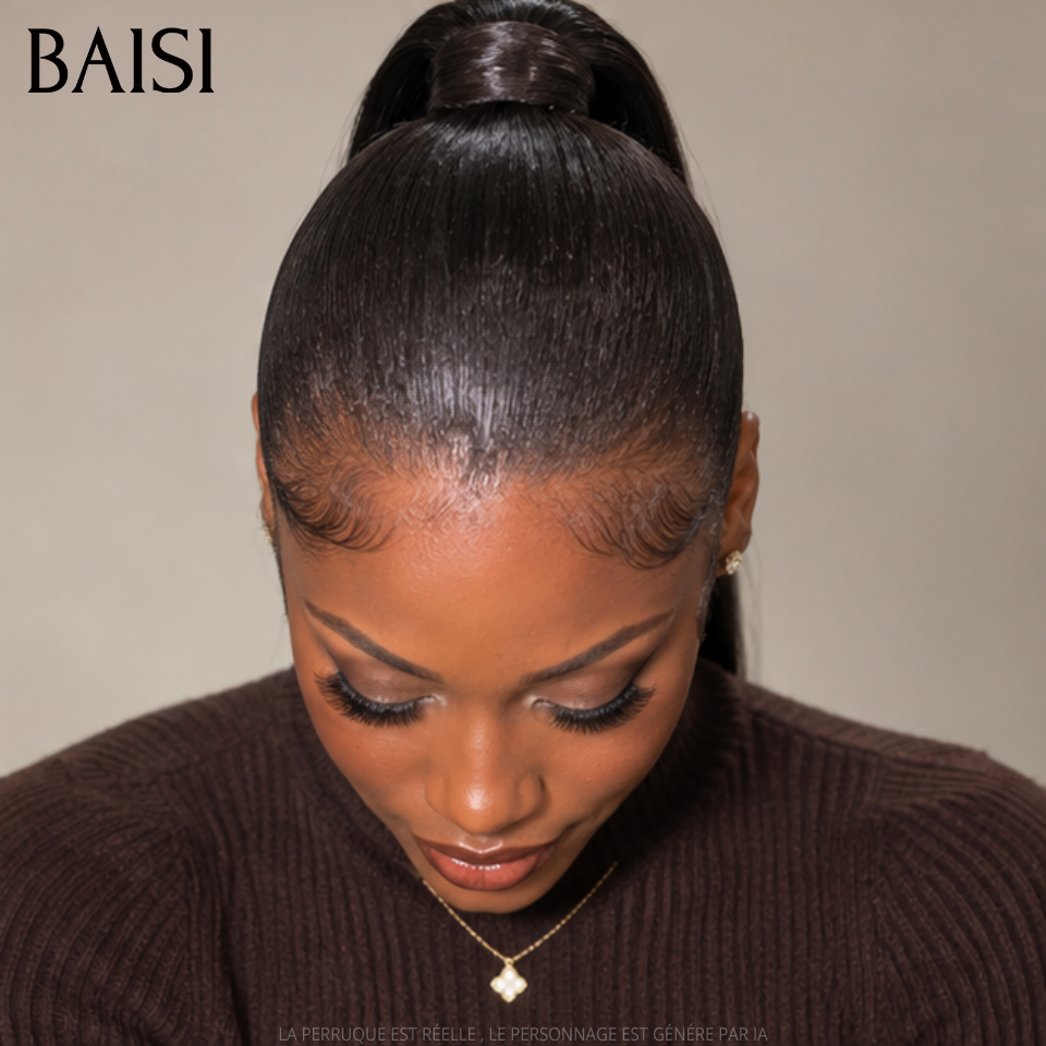 BAISI BLACK FRIDAY Bas Prix 100€ 20 pouces 13X4 lace frontal Perruques lisse noir avec en chignon bun en 100% vrais cheveux humains