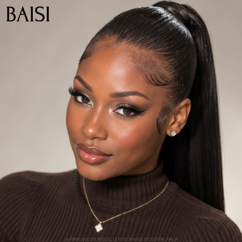 BAISI BLACK FRIDAY Bas Prix 100€ 20 pouces 13X4 lace frontal Perruques lisse noir avec en chignon bun en 100% vrais cheveux humains