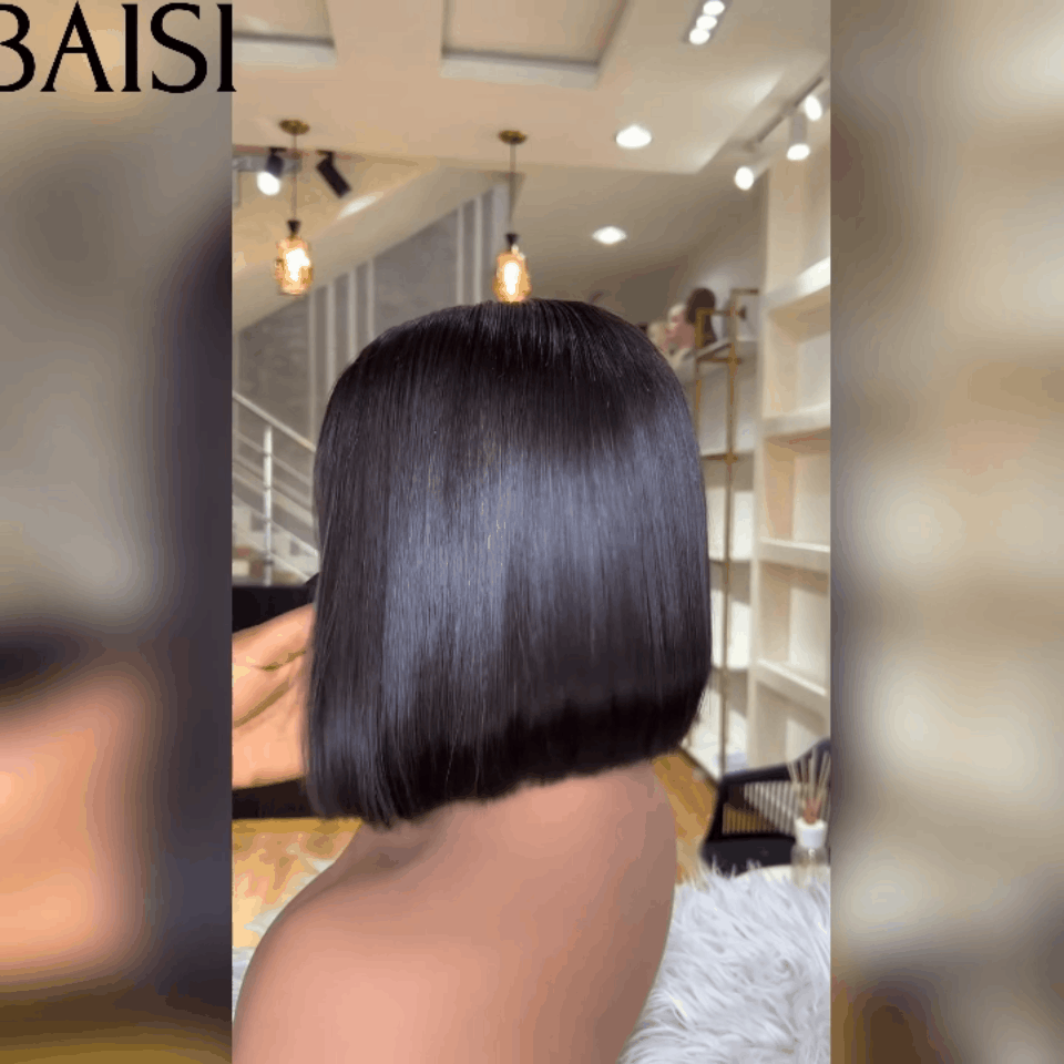 BAISI Perruques de Luxe 2X6 Lace Perruque BOB Noir Lisse 8 Pouce 75€ en 100% Cheveux Humains Vietnam Hair 300% densité plus de 20 ans d' utilisations