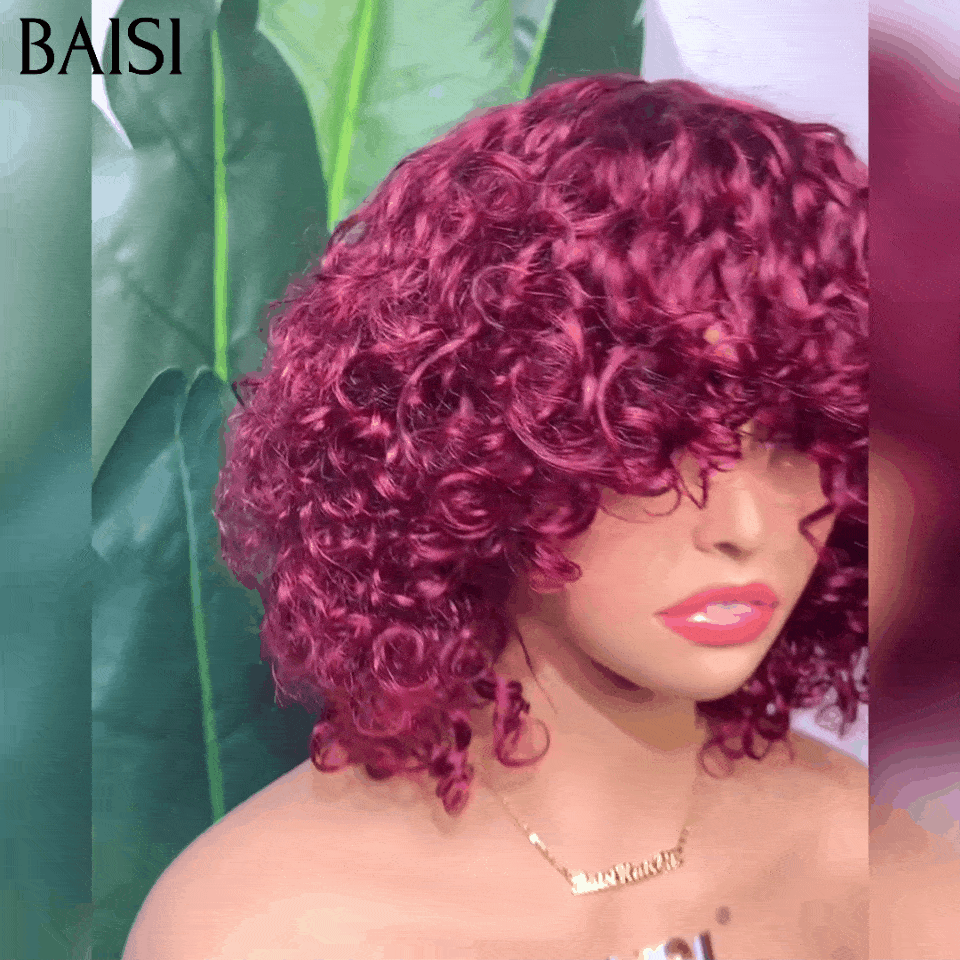 BAISI Sans Colle water wave avec Frange en Colorer bordeaux 99J 12 Pouces 100% Cheveux Humains