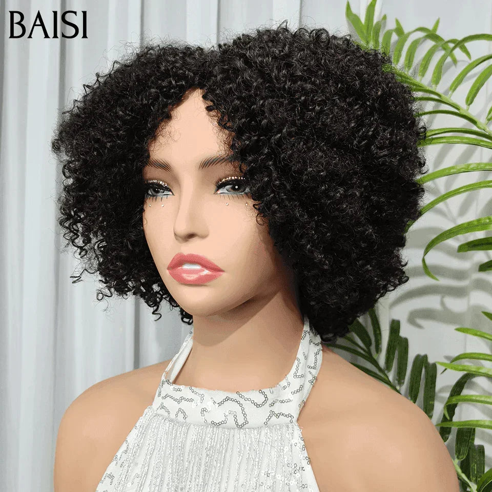 BAISI BOB en Couleur NOIR afro curl avec frange  petite coupe fabriqué à la machine Sans Colle Sans Lace BS65
