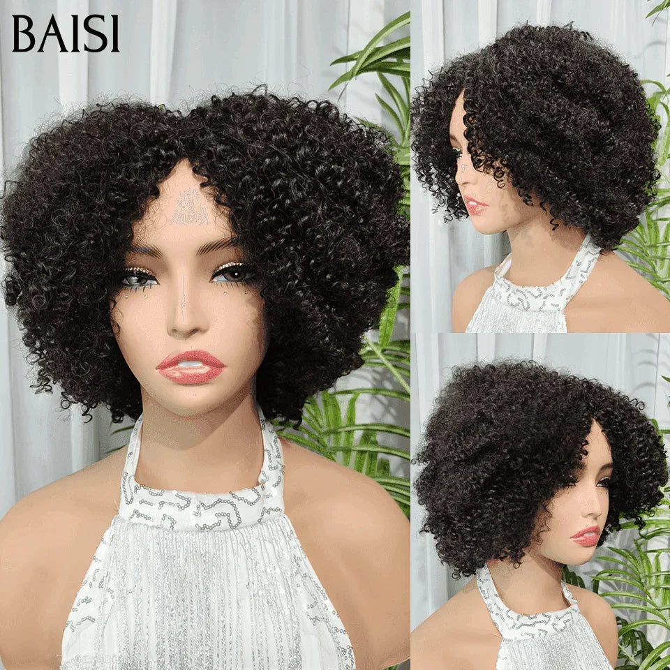 BAISI BOB en Couleur NOIR afro curl avec frange  petite coupe fabriqué à la machine Sans Colle Sans Lace BS65
