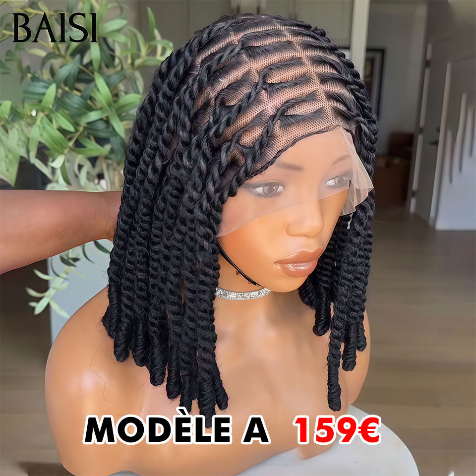 BAISI Nouvelle Arrivée Perruques Moitié Prix Full Lace avec coiffure tressée natte Bob NOIR 3 styles de perruques différents En 100% cheveux humains