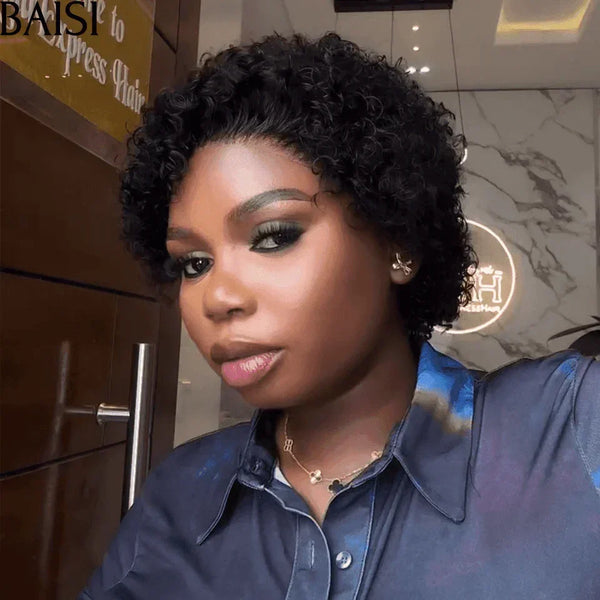BAISI Prix perruque chioma ou 50€ Perruque Pixie Afro curly bouclé Noir sans lace sans colle ou 4X4 lace Lisse 14 Pouces en 100% cheveux humains MP50