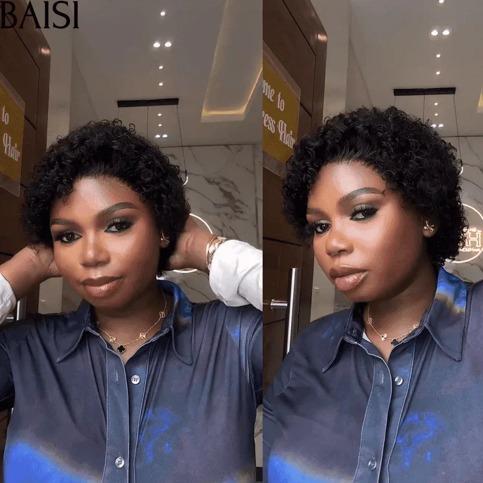 BAISI Prix 50€ Perruque Pixie Afro curly bouclé Noir sans lace sans colle ou 4X4 lace Lisse 14 Pouces en 100% cheveux humains MP50
