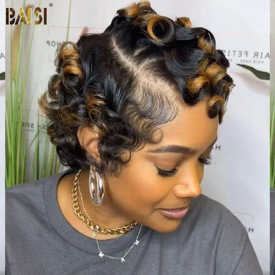 BAISI Perruque Full Lace 100% Cheveux Naturels Perruque Ondulée Coupe personnalisée boucles  Pixie  Full Lace Perruque 148€ en Couleur noir Mix Marron 30# en 100% cheveux humains