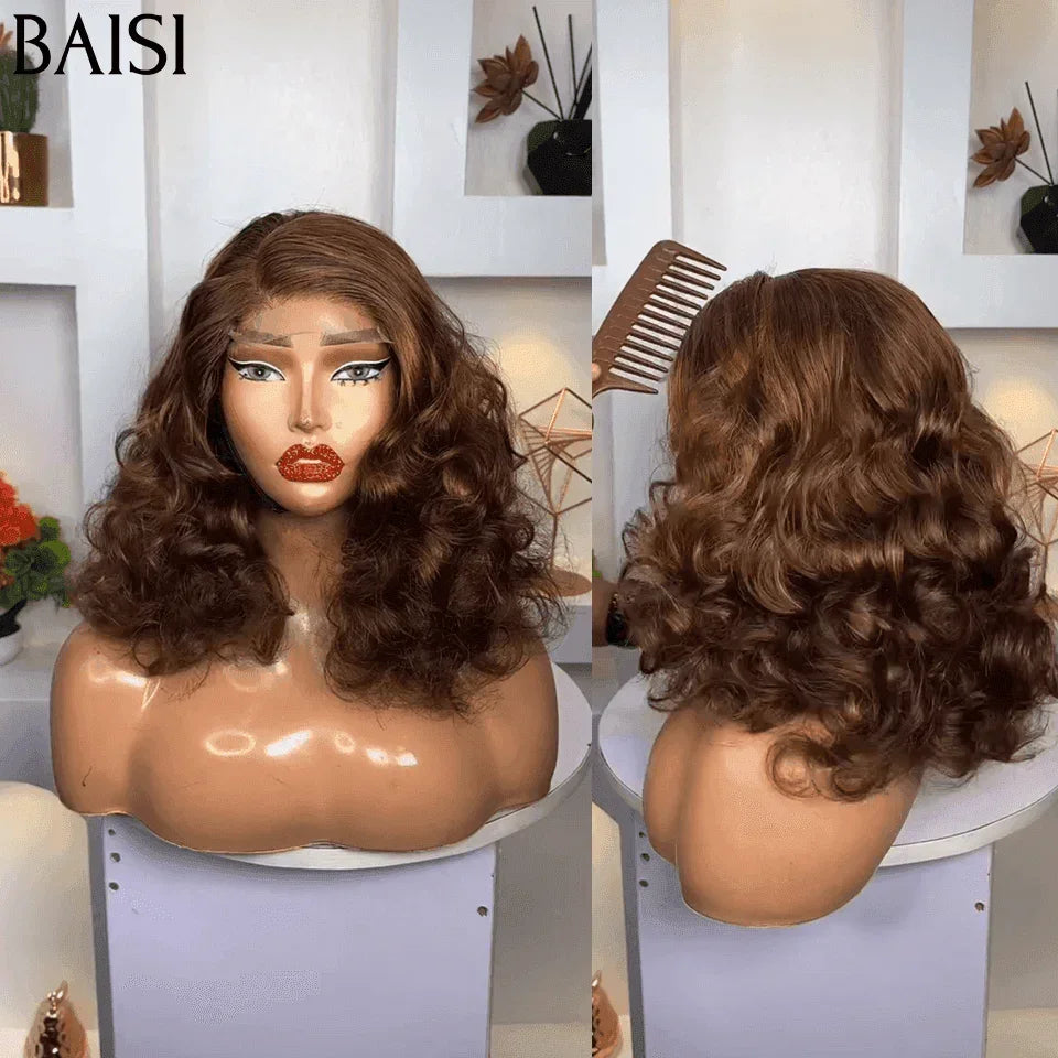 BAISI 13X4 pizzo Parrucca Riccia Naturale Wave Colore Marrone 4# Densità 300% in 100% Capelli Umani