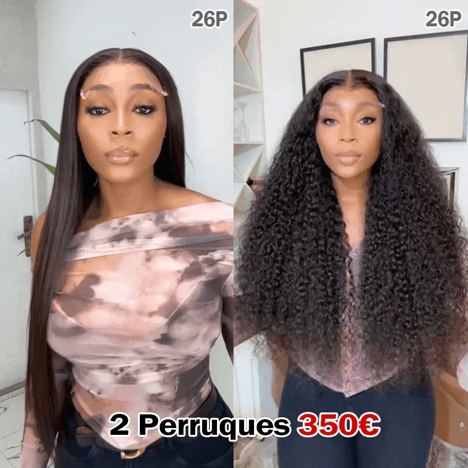 BAISI 2 perruques  239€ lace frontal 26 Pouces curly wave et Lisse ou 2 Perruques 350€ 4X4 lace Lisse 26 Pouces et curly wave 26 Pouces NOIR  200% densité  en 100% Cheveux Humains BS65