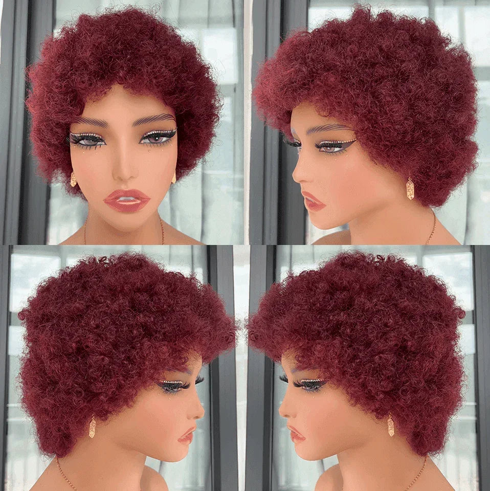 BAISI BLACK FRIDAY PROMO Perruque 45€ Afro curl 99J Livraison gratuite en Europe Arrivage pixie coupe fabriqué à la machine En couleur #27 En 100% Cheveux Humains