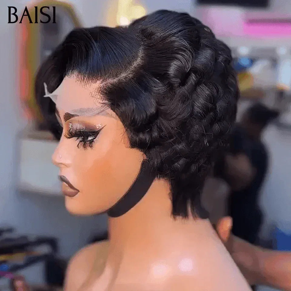 BAISI Vente Promo 55€ 13X4 perruque pixie natural wave noir en 100% vrais cheveux humains FR38