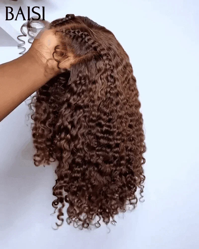 BAISI perruque kinky curly Petite natte frisé frontale lace en Couleur marron 4# 100% cheveux humains BS65