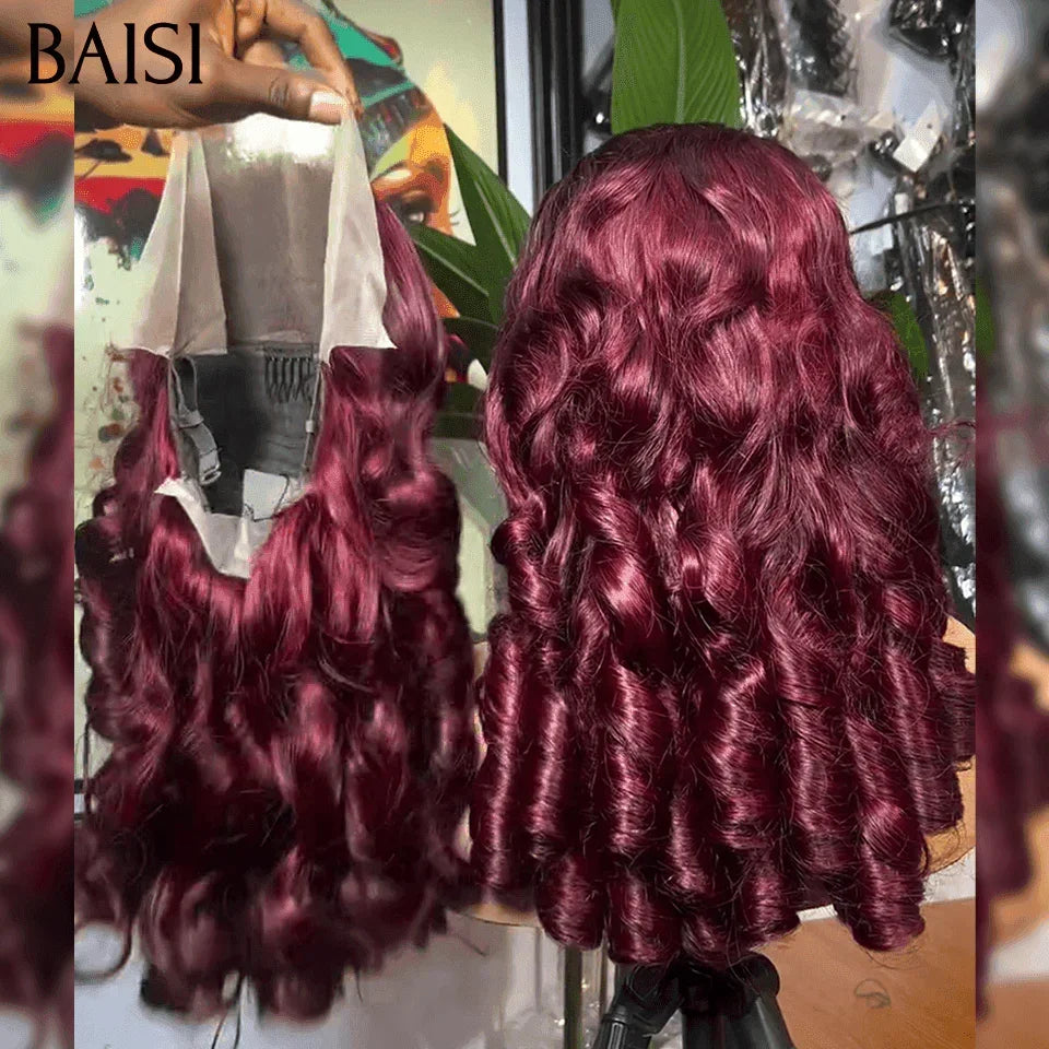 BAISI 13X4 Lace Natural Wave Perücke 20 Zoll in der Farbe Burgund 99J# oder Braun 4# 300 % Dichte in 100 % Echthaar BS50